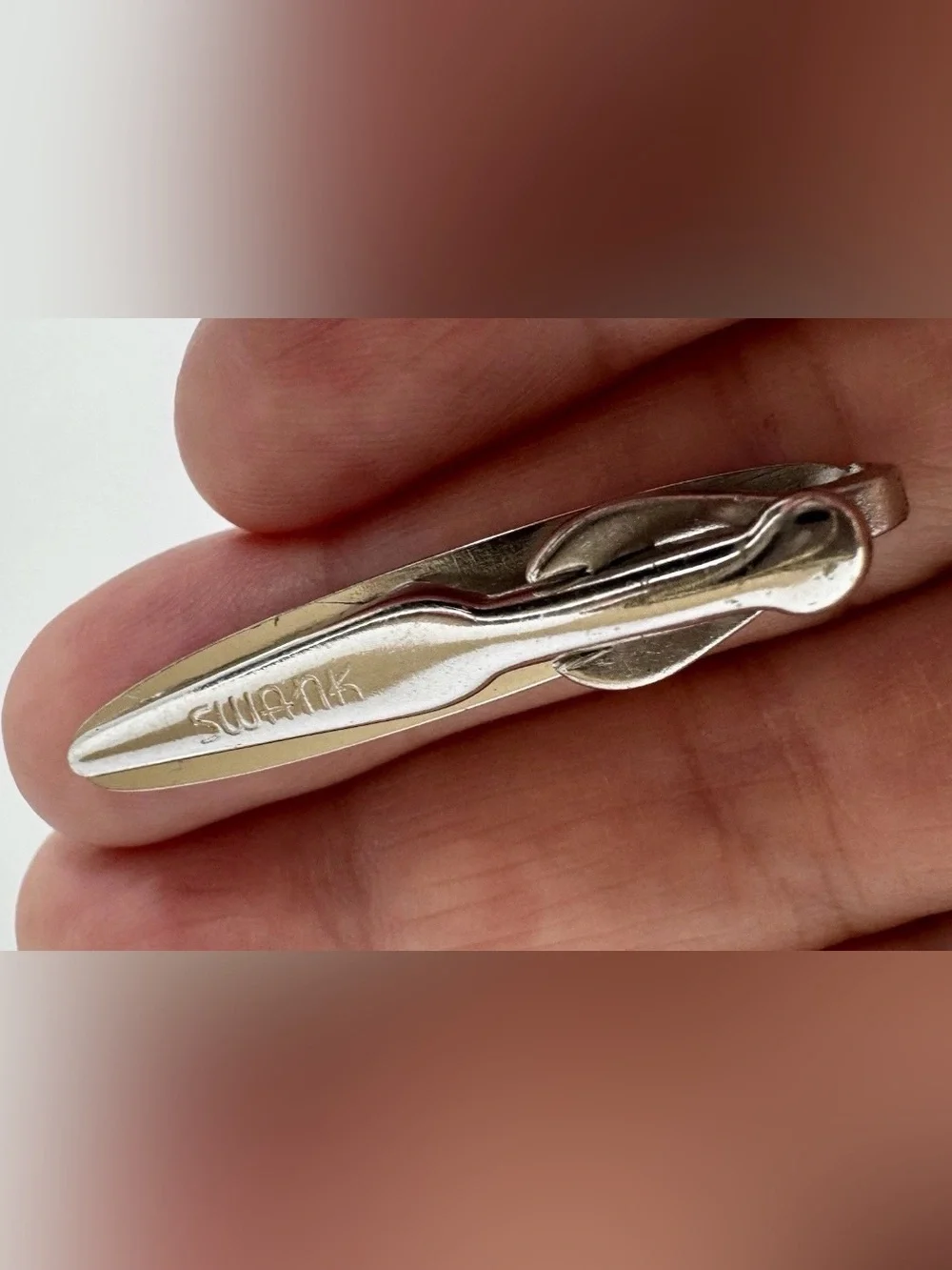 Swank Silver Tone Tie Bar Clip 1.5 Inch Metal Asymmetrical Signed Men's #1546